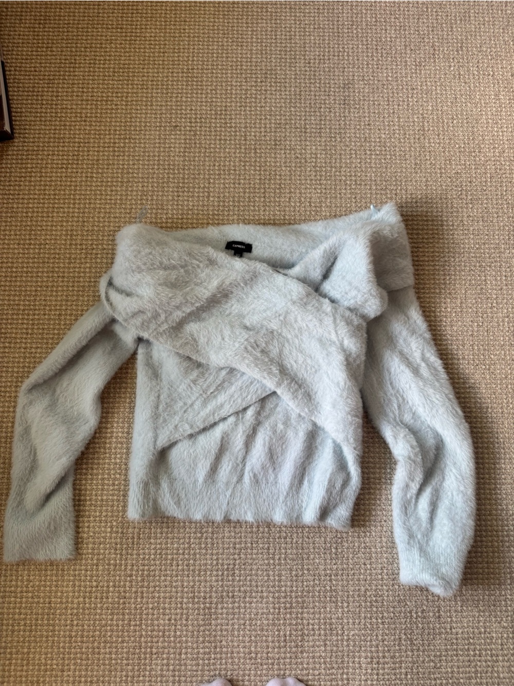 Express Off-the-Shoulder Fuzzy Sweater in Pale Gray
